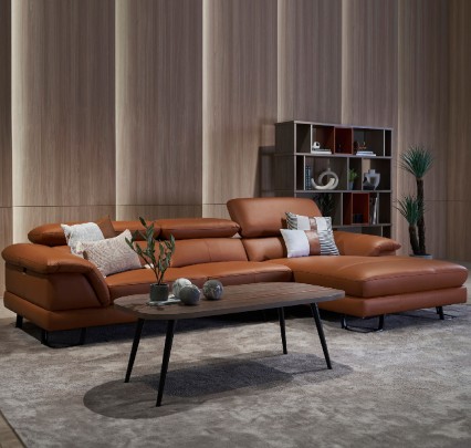 L-Shape Leather Sofa with Adjustable Headrest | Free Coffee Table